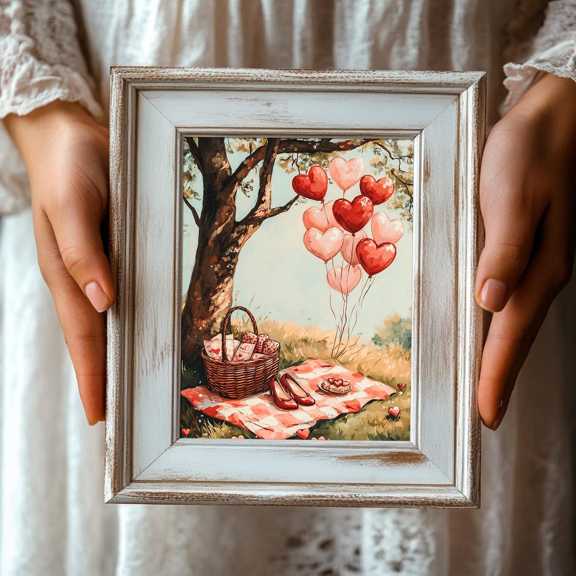 Heart Balloons And Picnic Basket Romantic Valentines Picnic Print - Image 3