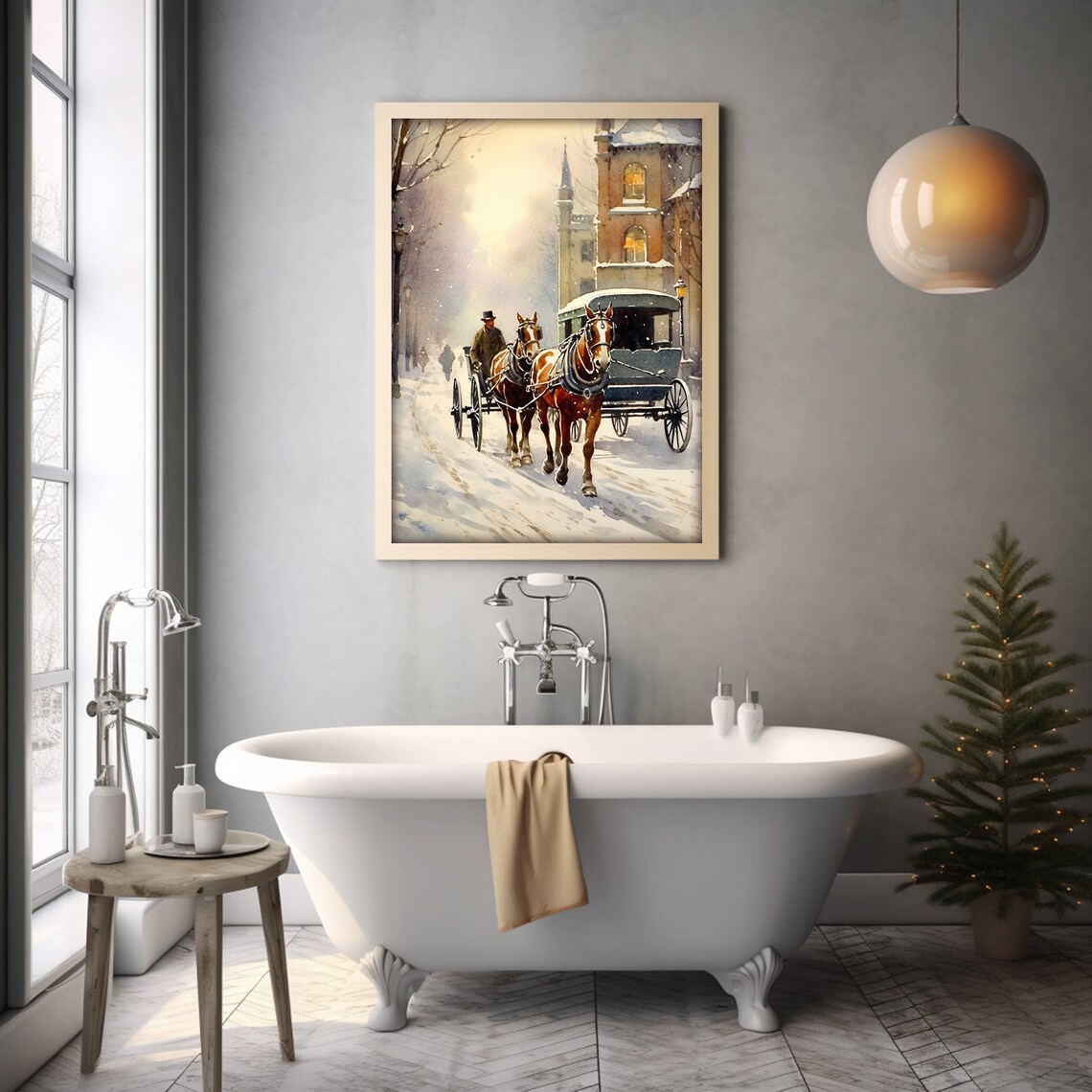 Horse Drawn Carriage Snowy Victorian Street Watercolor Wall Art - Image 4