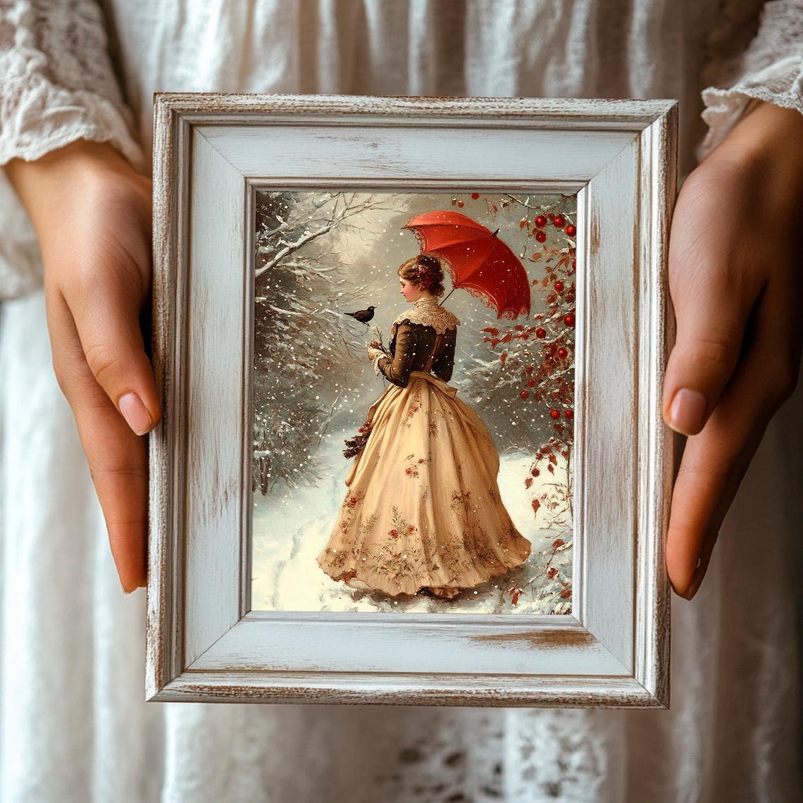 Victorian Lady with Red Umbrella Snowy Winter Garden Painting Poster - Image 3