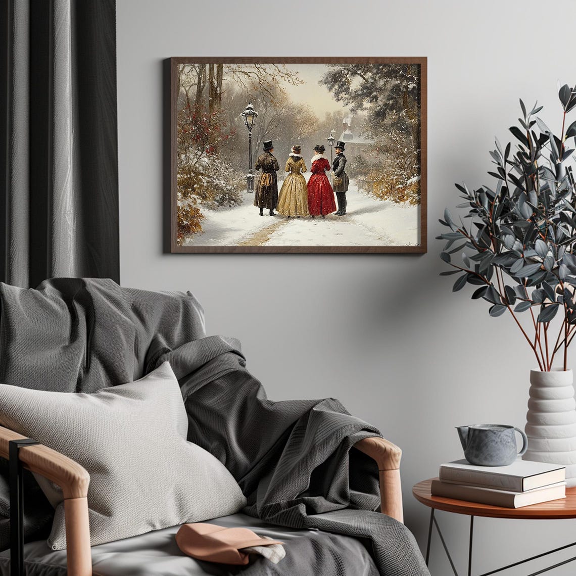 Victorian Couples Winter Stroll Snowy Park Antique Christmas Art Print - Image 4