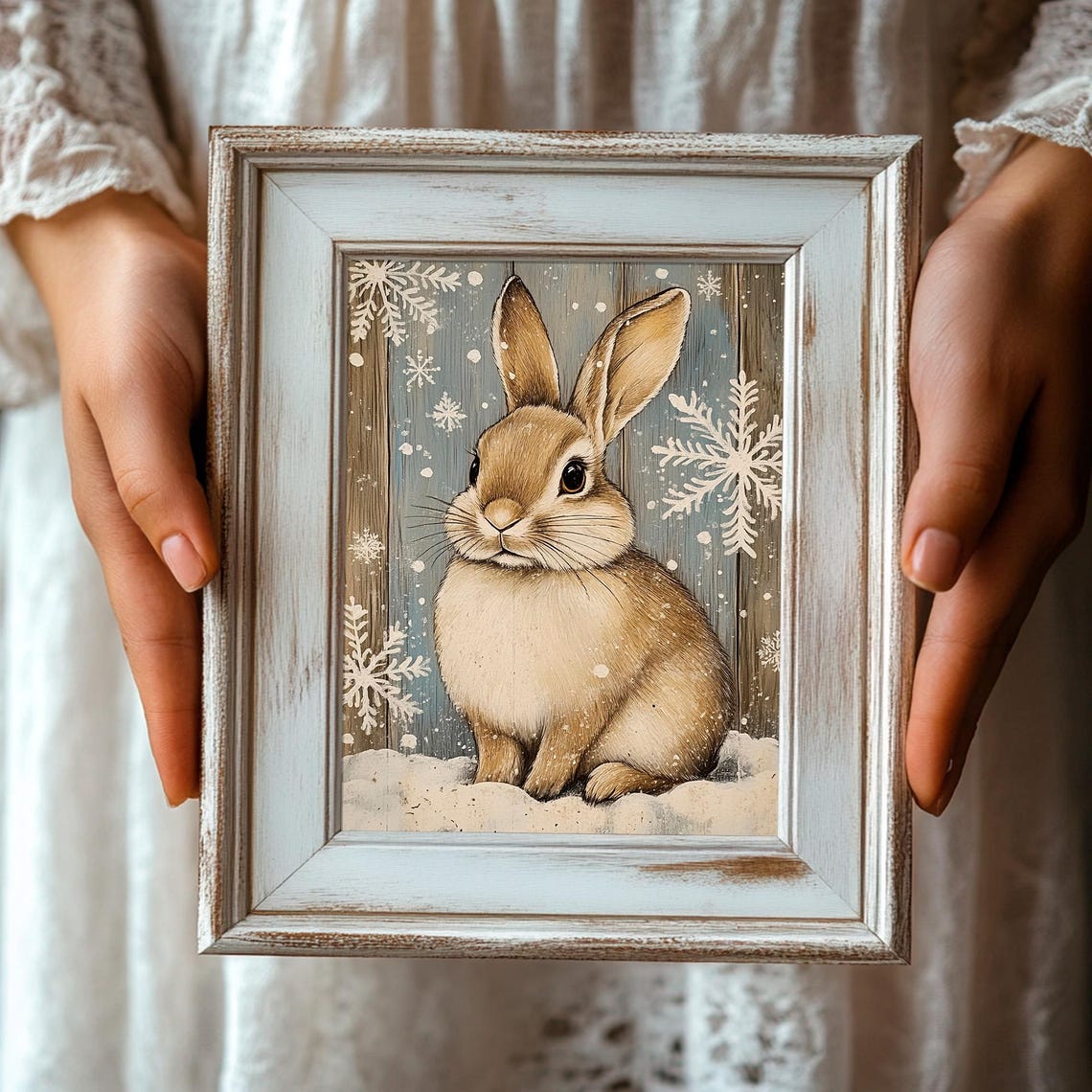 Cute Winter Bunny In Snow With Snowflake Rustic Background Poster - Image 3