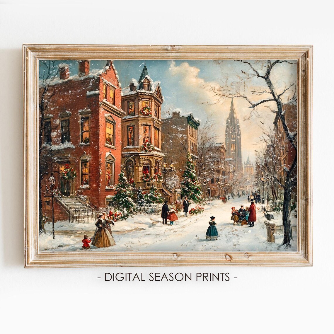 Vintage New York City Christmas Street Snowy Brownstone Winter Print