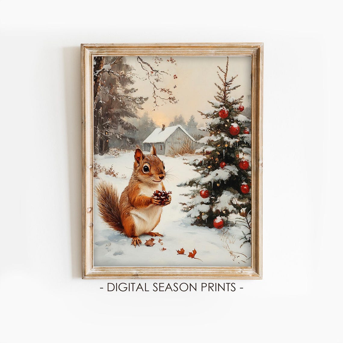 Vintage Christmas Squirrel Holding Pinecone Snowy Forest Scene Poster