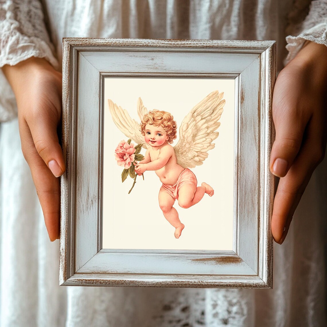 Cupid Cherub Holding Pink Flower Vintage Valentines Day Print - Image 3