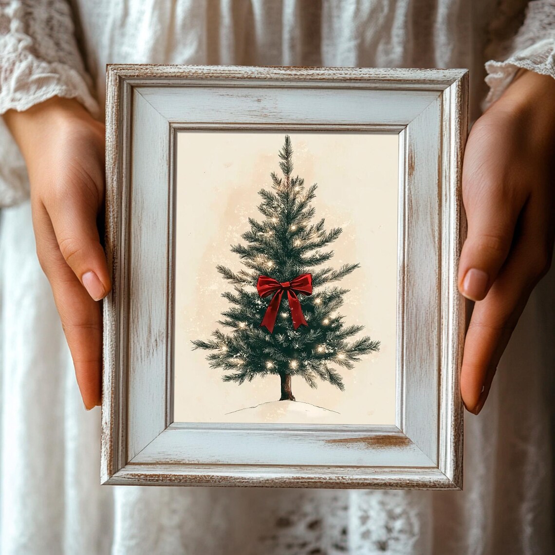 Christmas Tree Red Bow Fairy Lights Minimal Vintage Holiday Poster - Image 3