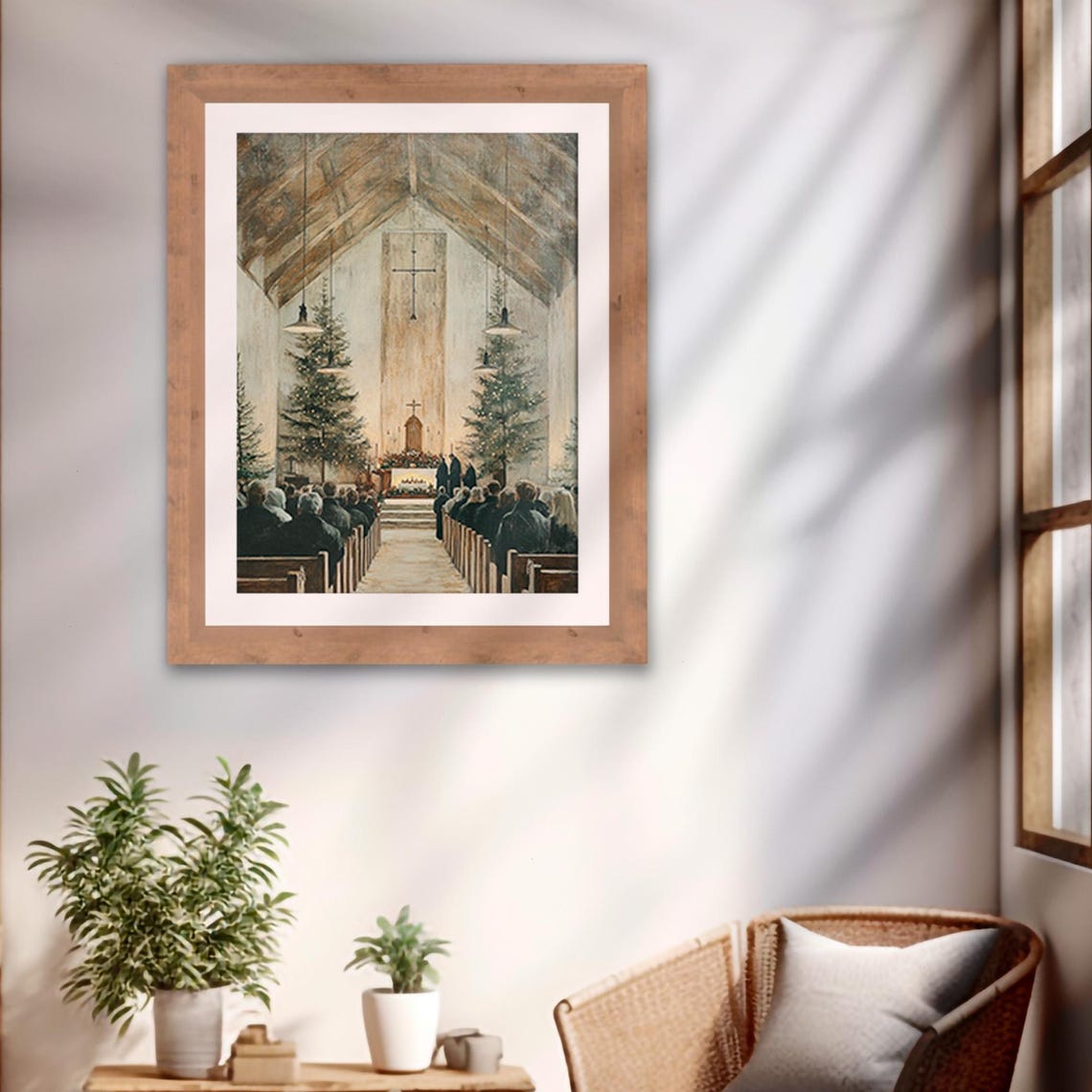 Vintage Christmas Church Interior Congregation Service Painting Poster - Image 2