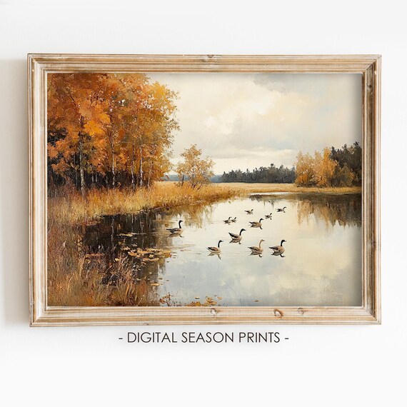Canada Geese on Autumn Lake Golden Trees Vintage Wildlife Poster