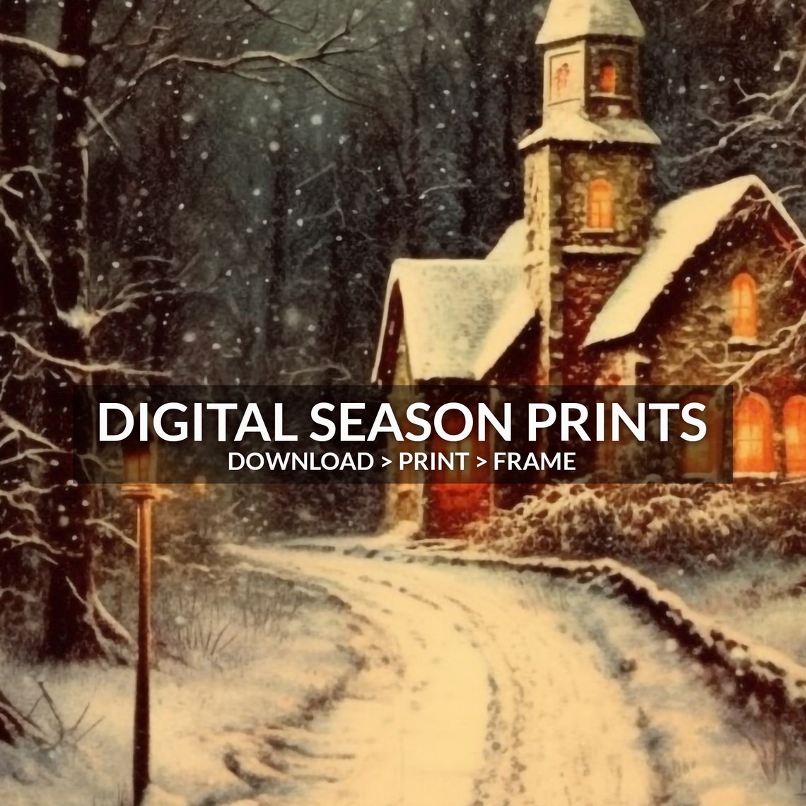 Snowy Chapel in Winter Woods Nighttime Glowing Windows Wall Art - Image 6