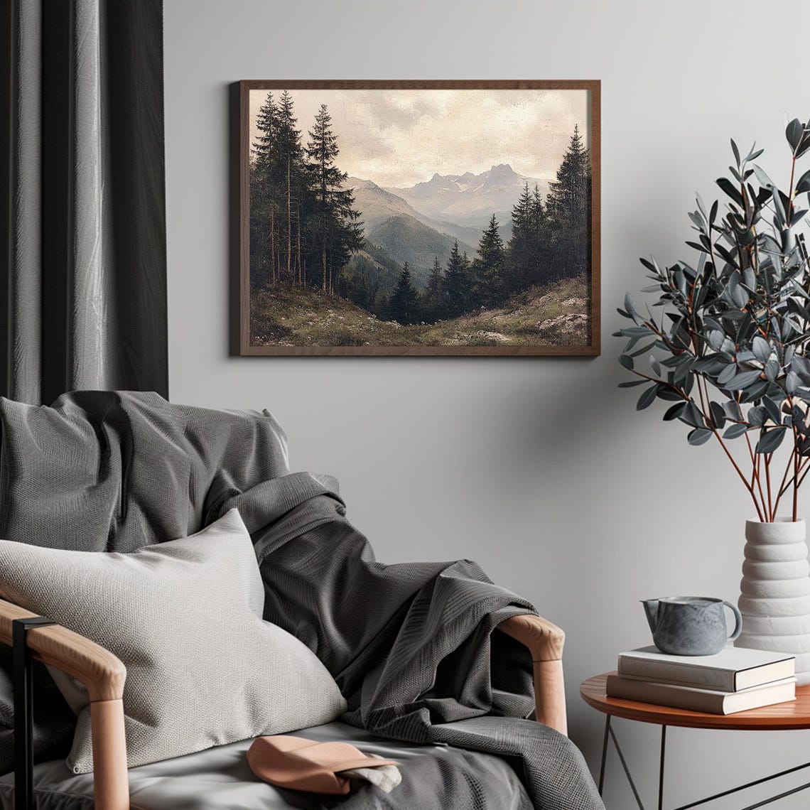 Misty Vintage Mountain Valley Pine Forest Landscape Art Poster - Image 4