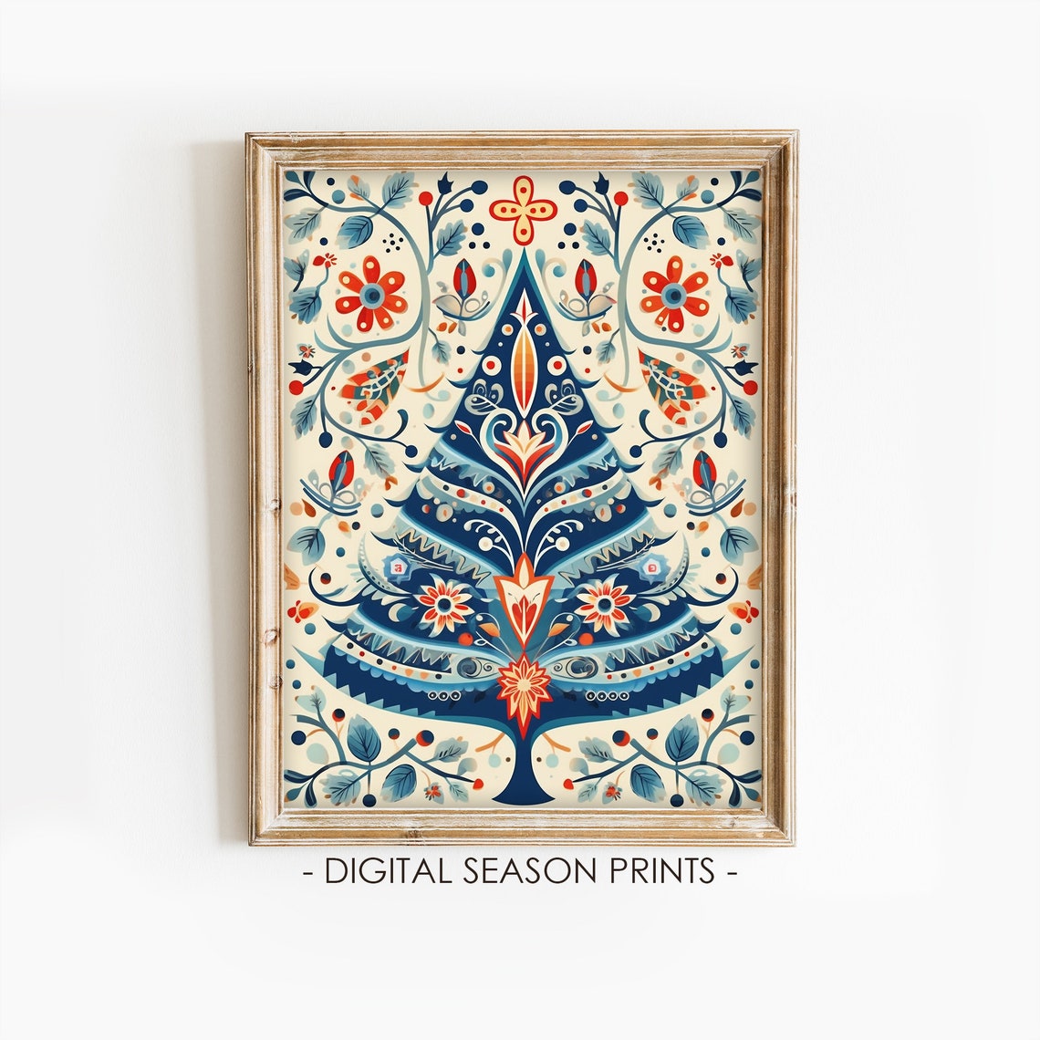Scandinavian Folk Art Christmas Tree Blue Floral Nordic Style Print
