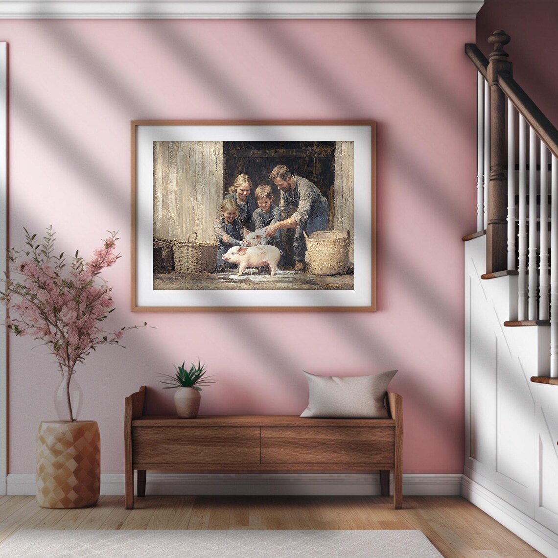 Family Washing Piglets at Barn Door Vintage Farm Life Painting Poster - Image 2