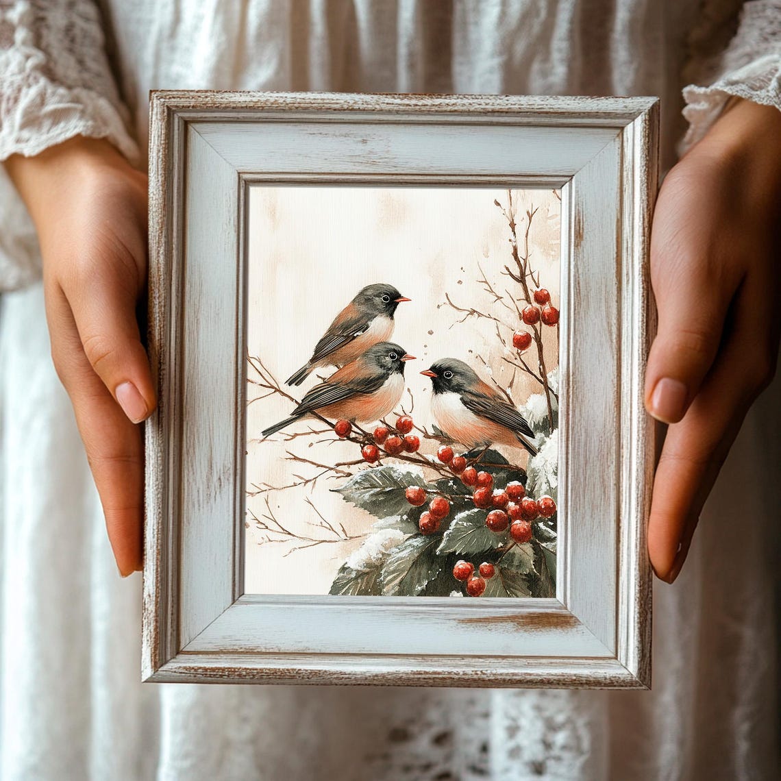 Three Songbirds Berry Branch Vintage Winter Botanical Bird Poster - Image 3