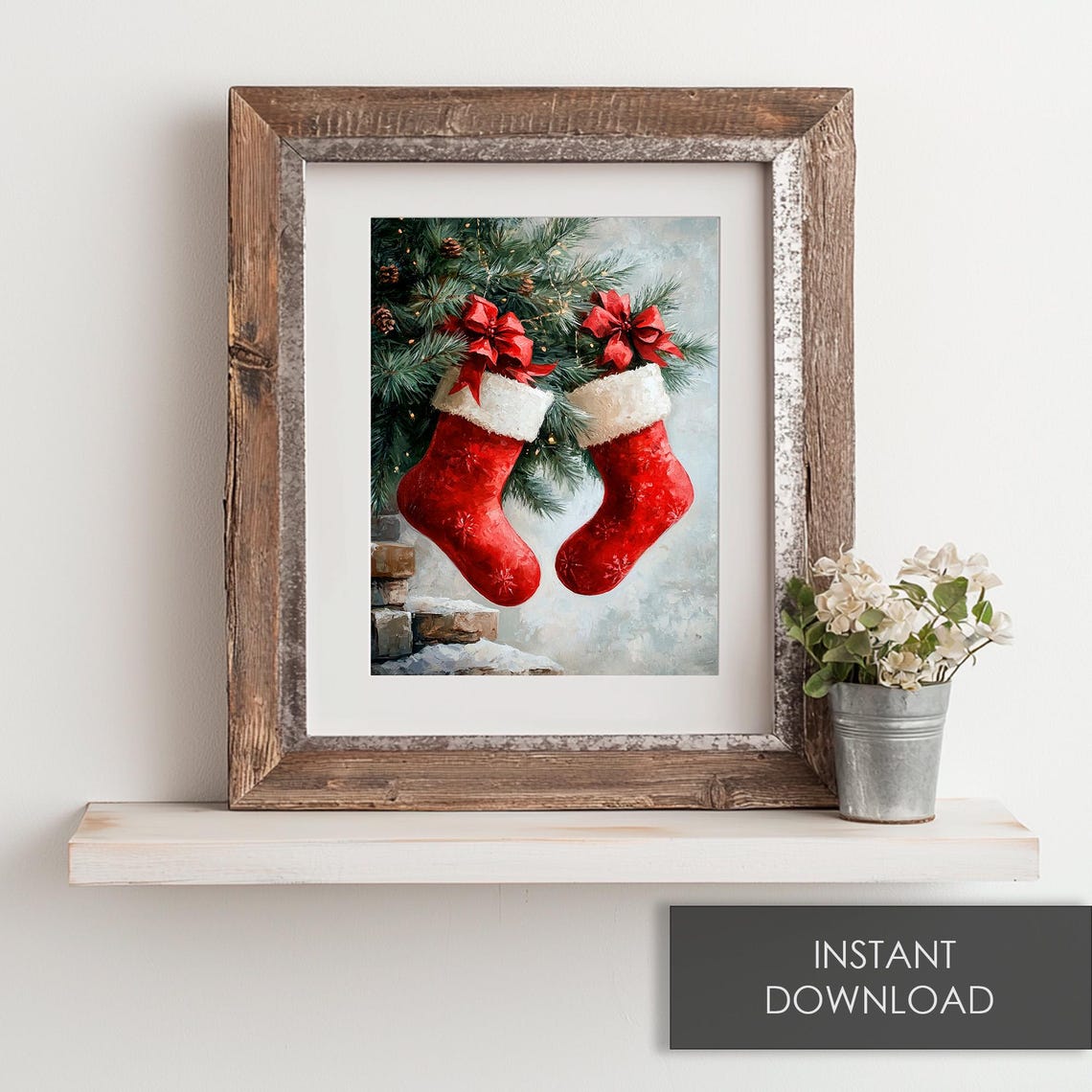 Red Christmas Stockings Hanging From Pine Branch With Bows Poster - Image 6