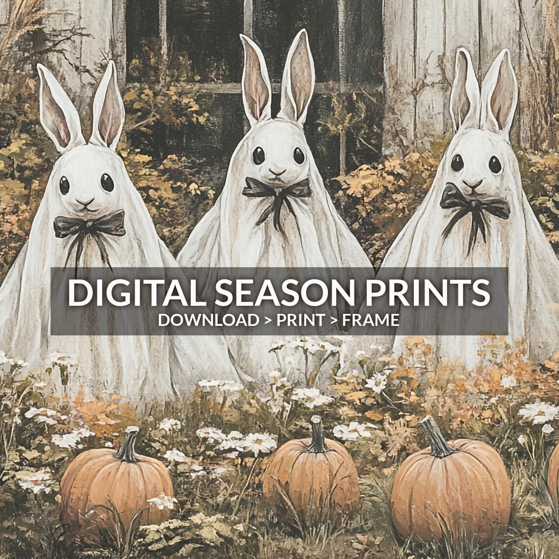 Ghost Sheet Rabbits Pumpkin Patch Vintage Halloween Bunny Costume Poster - Image 6