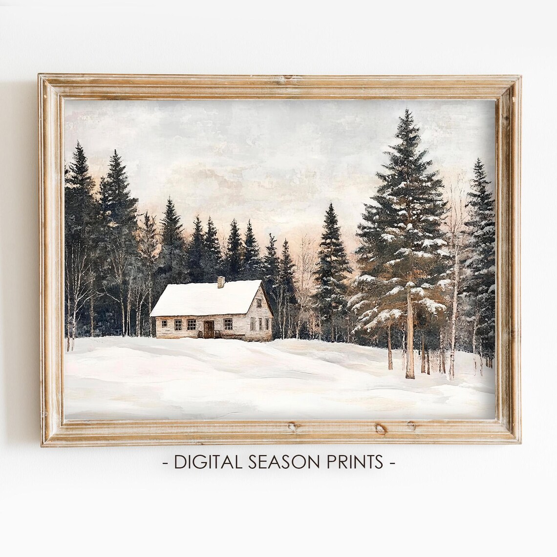 Snowy Forest Cottage Winter Landscape Vintage Oil Painting Wall Art