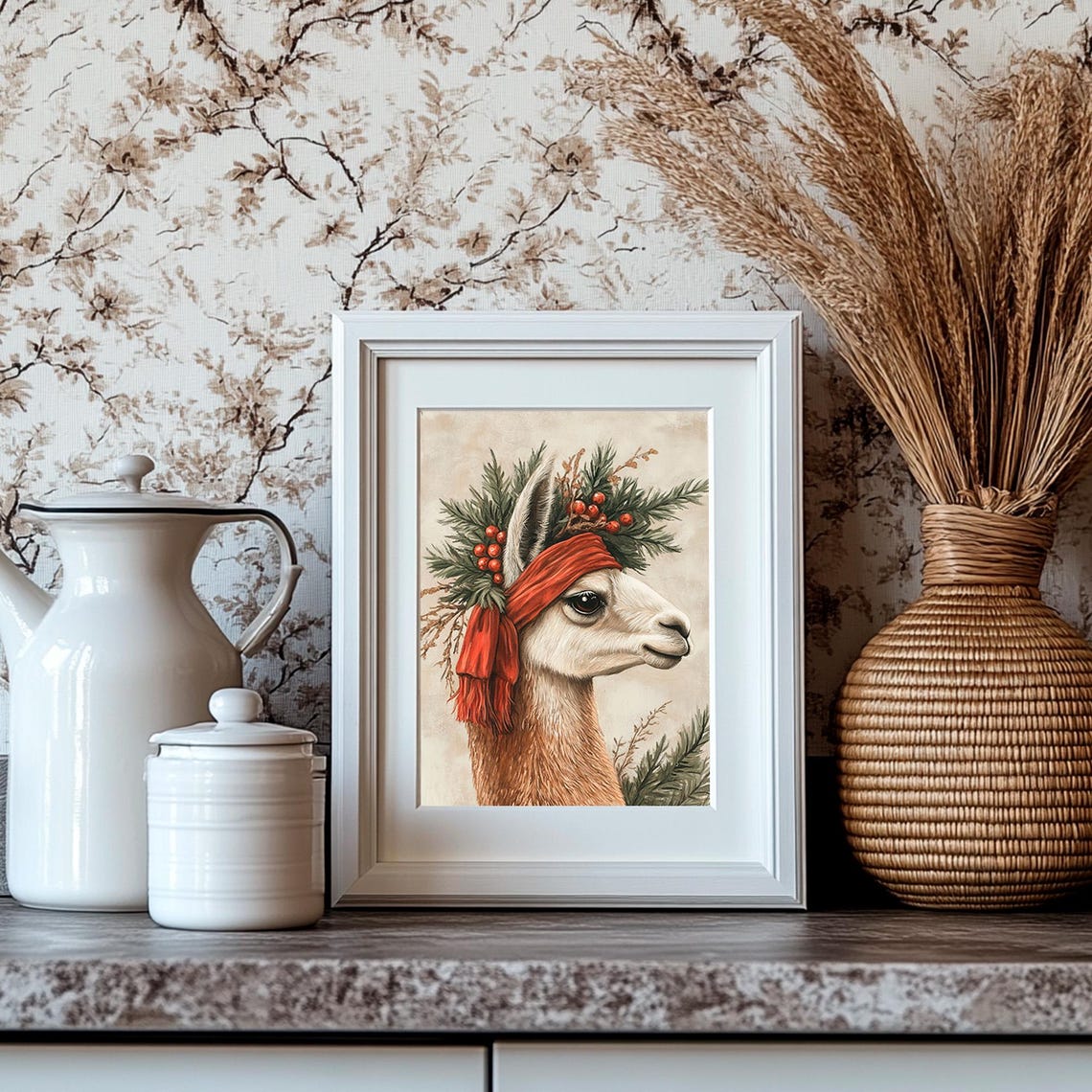 Christmas Llama Wearing A Pine Wreath Berries And Red Scarf Poster - Image 4