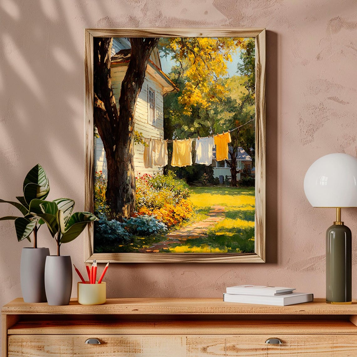 Sunlit White Farmhouse Clothesline in a Golden Summer Garden Print - Image 5