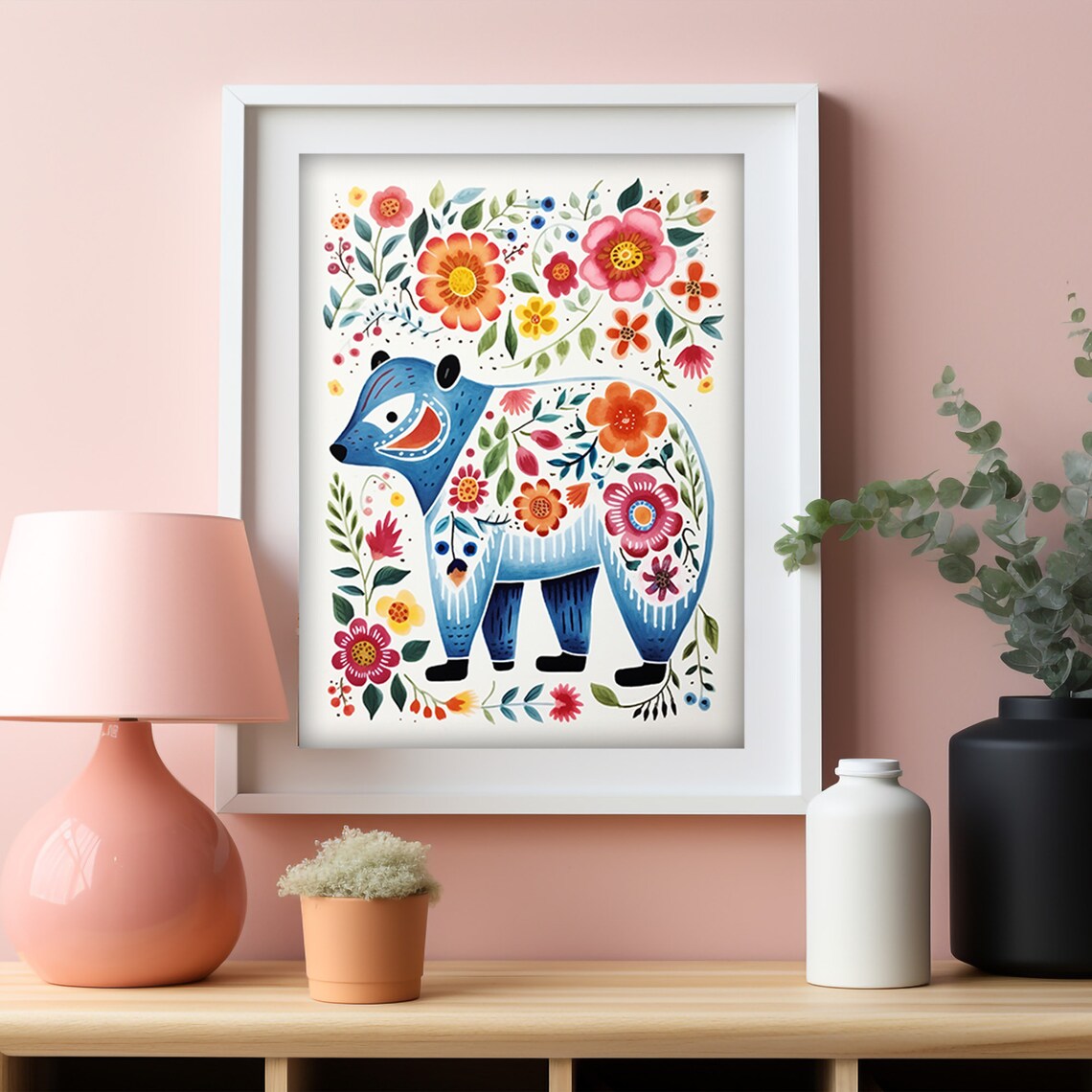 Scandinavian Folk Art Blue Bear Flowers Nordic Style Animal Poster - Image 4