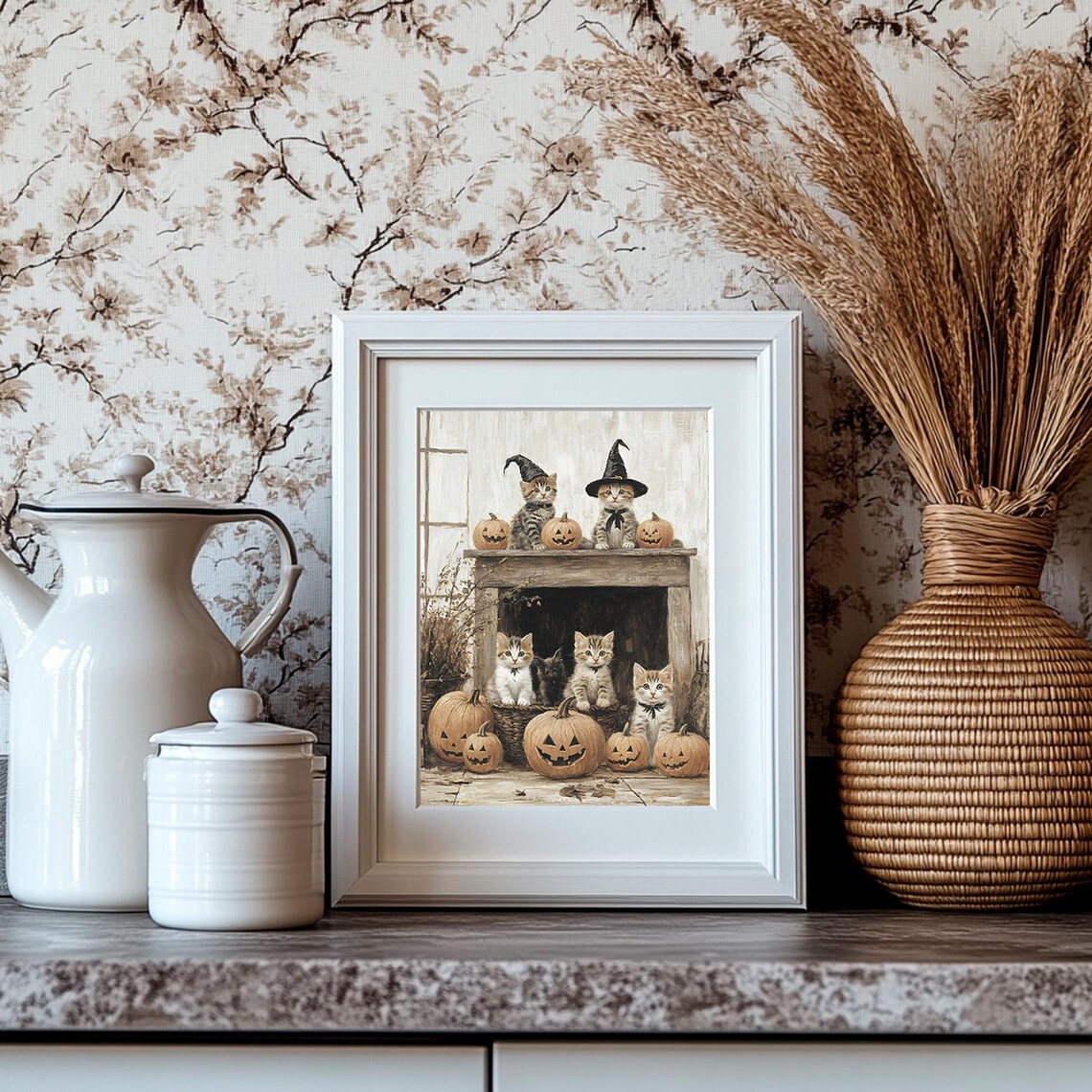 Witch Hat Kittens Fireplace Mantel Pumpkin Display Halloween Cat Poster - Image 4