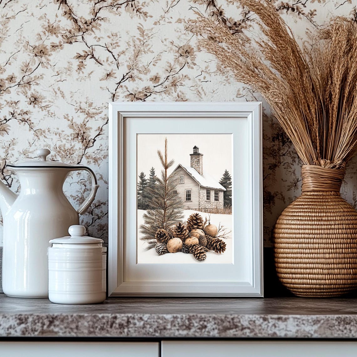 Snowy Cabin Scene With Pinecones Winter Rustic Still Life Poster - Image 4