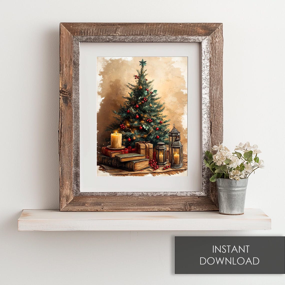 Christmas Tree with Vintage Books Candles and Lanterns Cozy Poster - Image 6