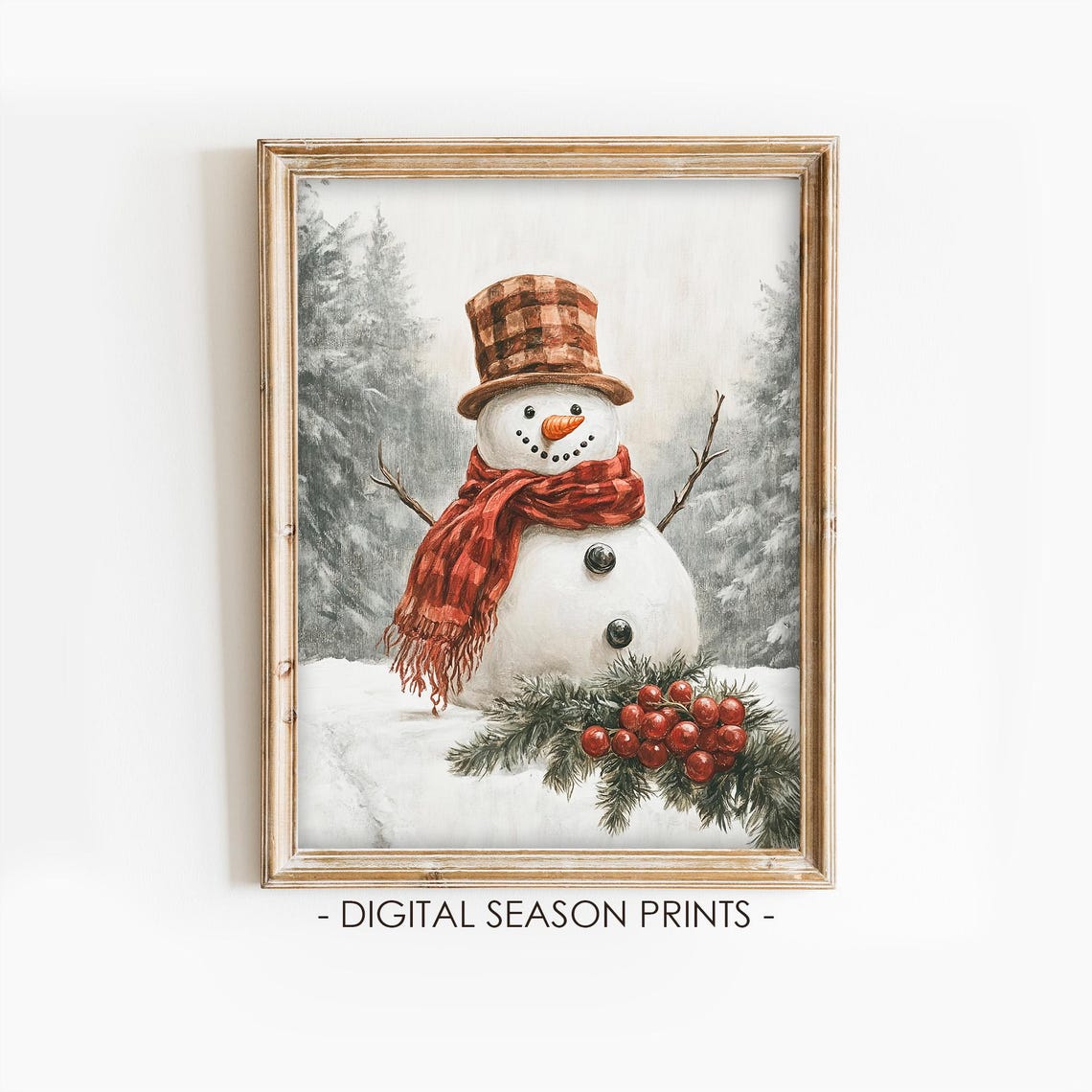 Cute Snowman Plaid Hat Red Scarf Pine Berry Winter Christmas Poster