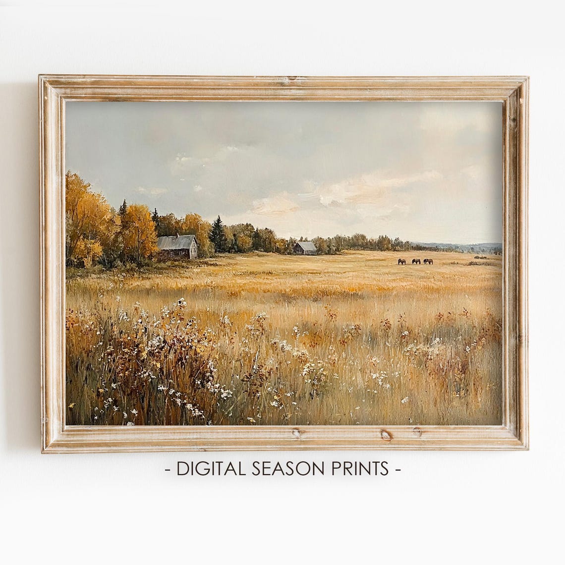 Autumn Meadow With Grazing Horses And Barns Golden Field Poster