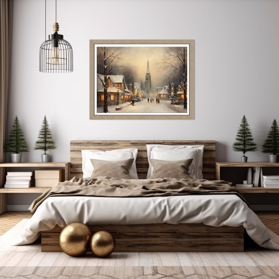 Evening Village Street Church Lampposts Winter Night Art Poster - Image 4