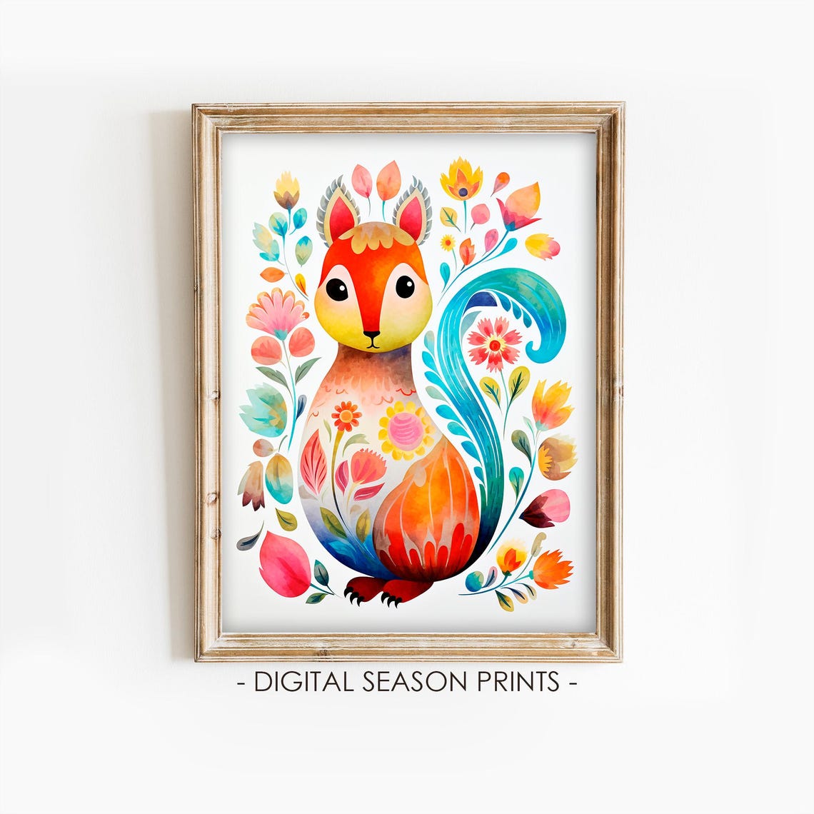 Scandinavian Folk Art Squirrel With Colorful Flowers Nordic Poster