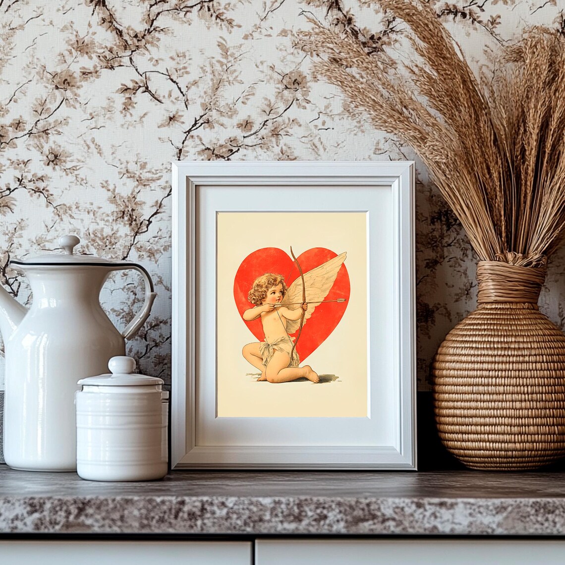 Sweet Vintage Cupid with Bow and Arrow Before a Big Red Heart Print - Image 4