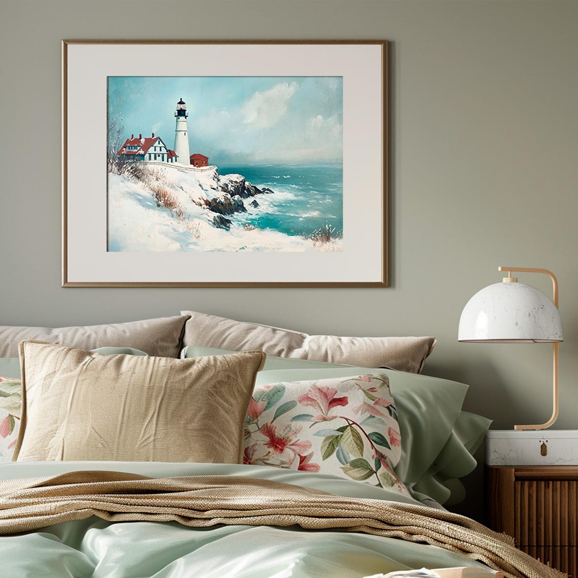 Snowy Winter Lighthouse on Rocky Coastal Cliffs Vintage Poster - Image 3