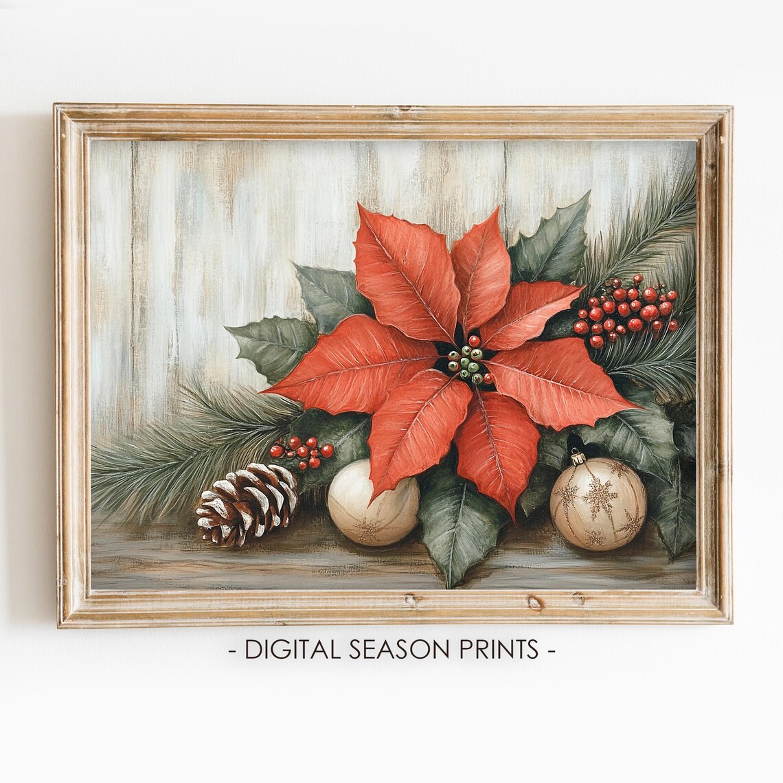 Red Poinsettia Christmas Bloom with Ornaments Holiday Floral Poster