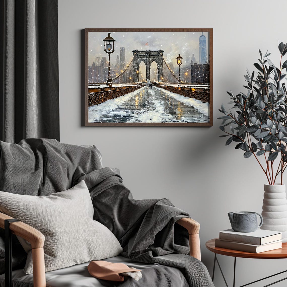 Brooklyn Bridge In Falling Snow At Dusk With Lampposts New York Poster - Image 4