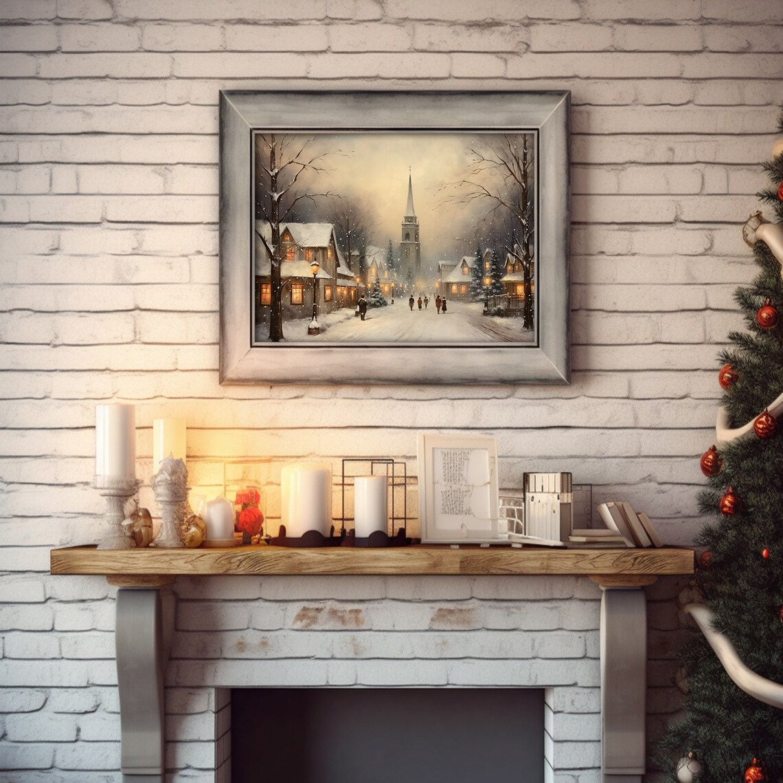 Evening Village Street Church Lampposts Winter Night Art Poster - Image 5