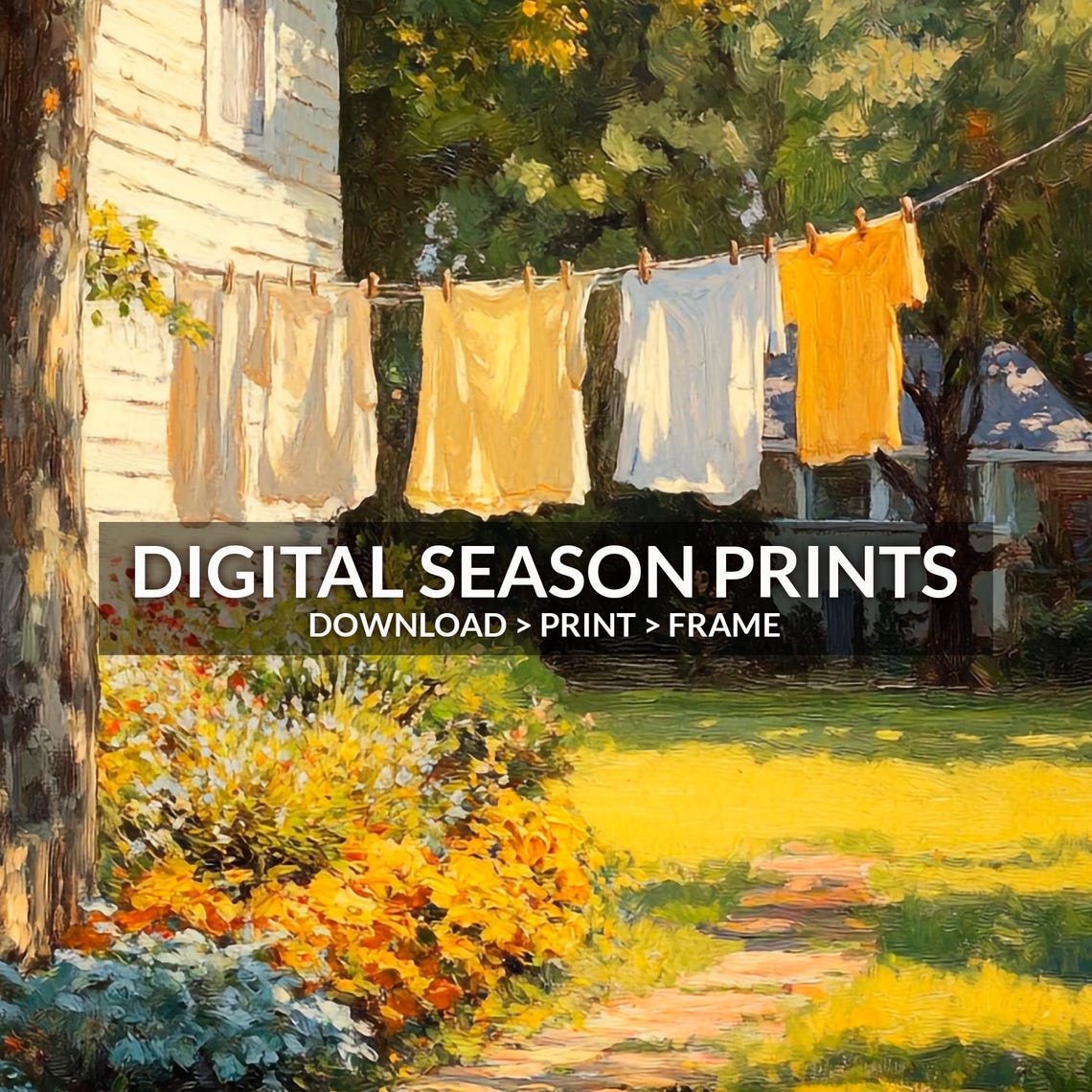 Sunlit White Farmhouse Clothesline in a Golden Summer Garden Print - Image 6