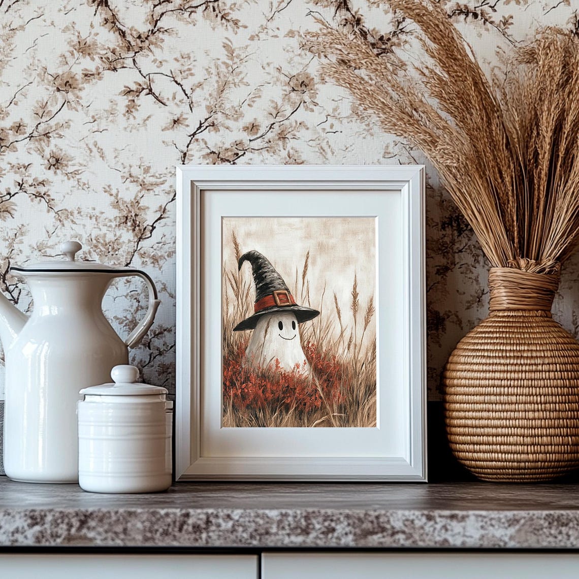 Smiling Ghost in a Tall Witch Hat Standing in Autumn Grass Poster - Image 4