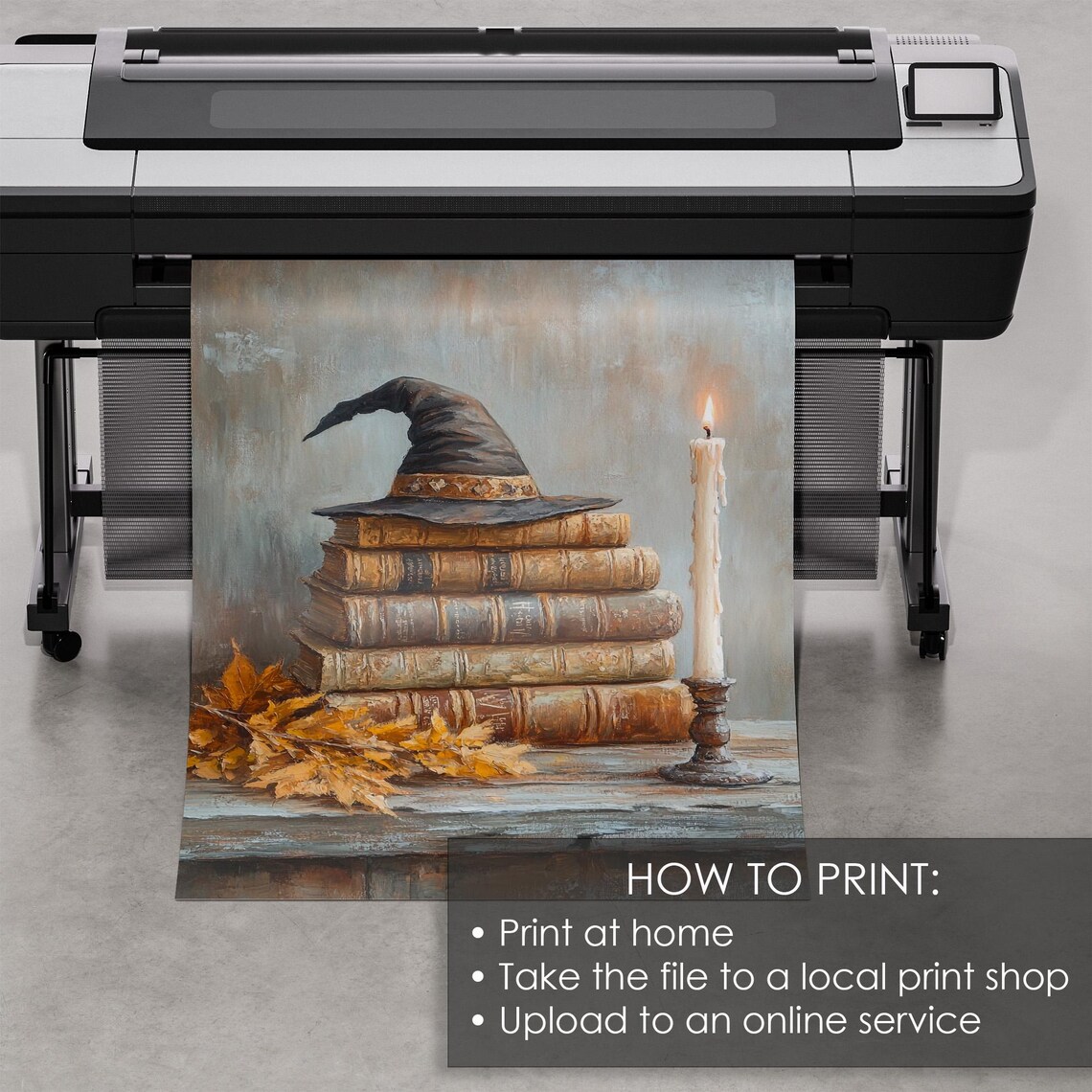 Witch Hat Spell Books Stack Candle Autumn Leaves Vintage Halloween Poster - Image 5