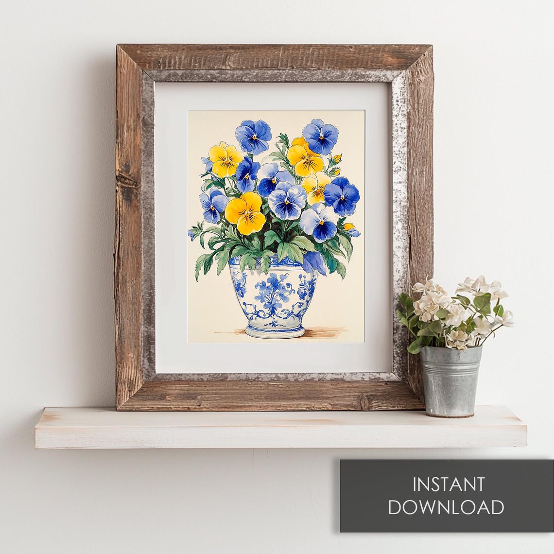 Yellow And Blue Pansies In A Delft Blue Patterned Vase Poster - Image 6