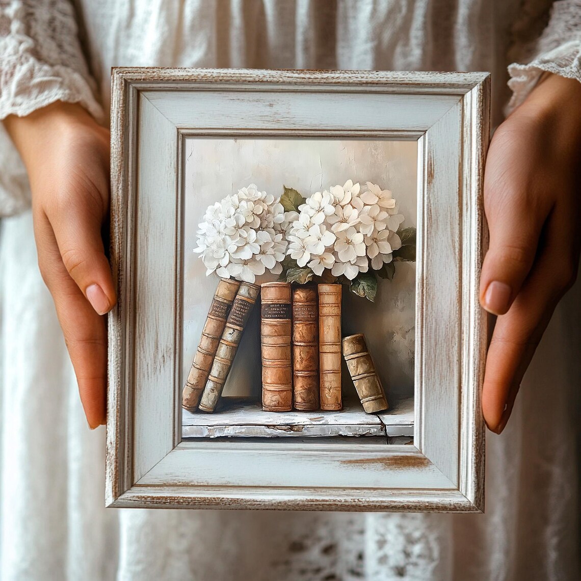 Book Stack With White Hydrangea Art Print - Image 3