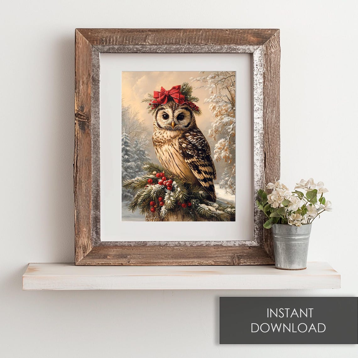 Christmas Owl With Red Bow And Berries Snowy Vintage Winter Print - Image 6