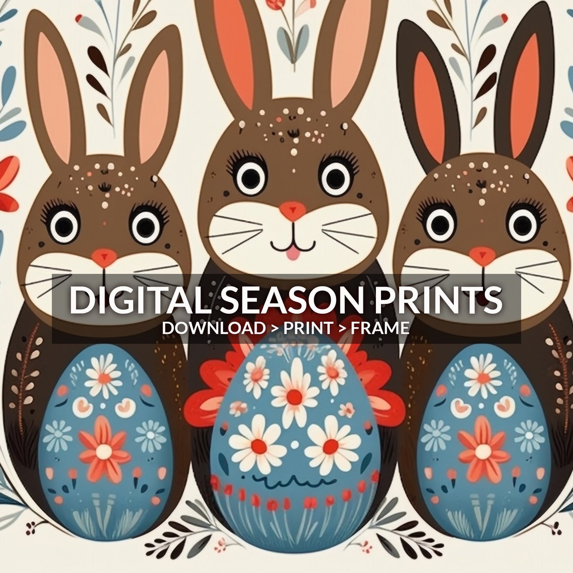 Scandinavian Folk Art Bunny Rabbits Floral Easter Animals Poster - Image 6