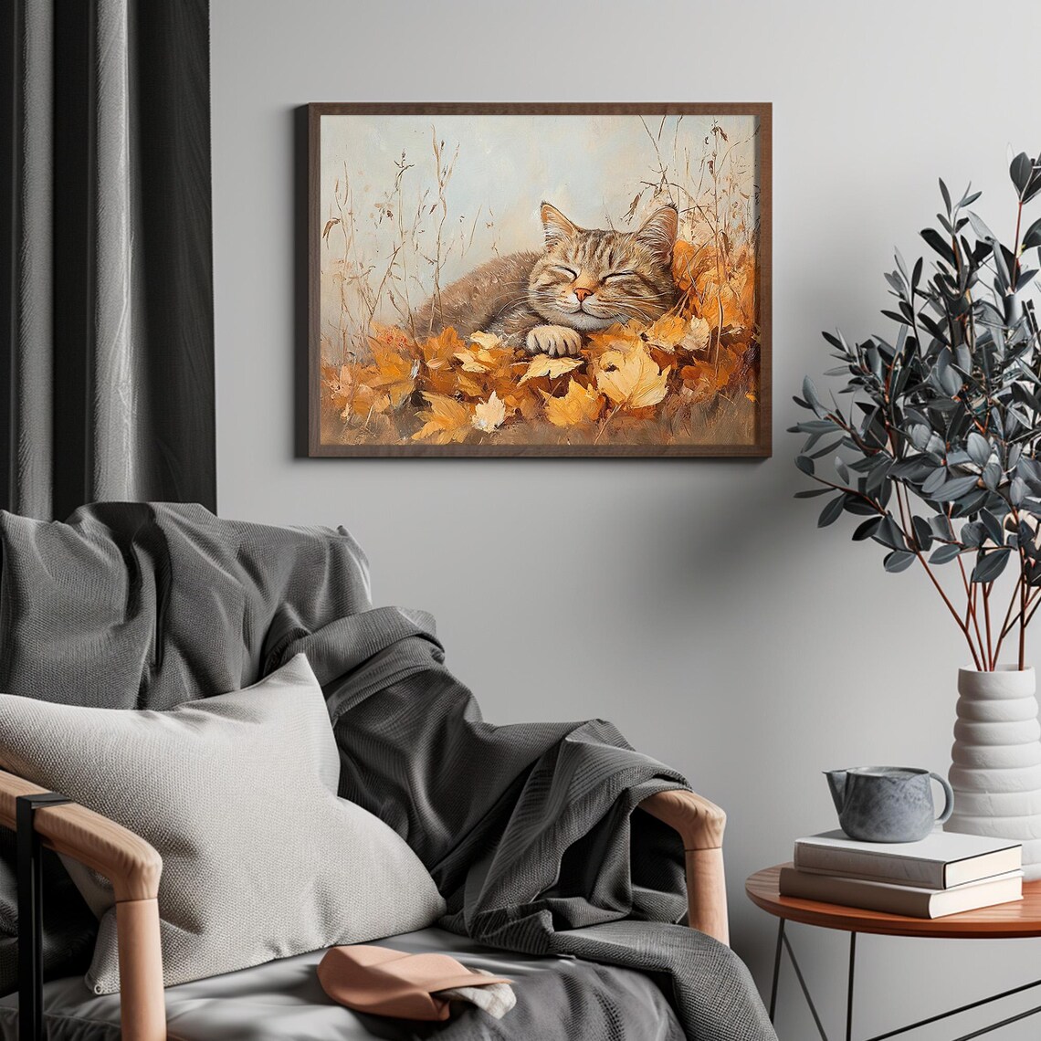 Sleeping Tabby Cat In Autumn Leaves Vintage Oil Painting Print - Image 4
