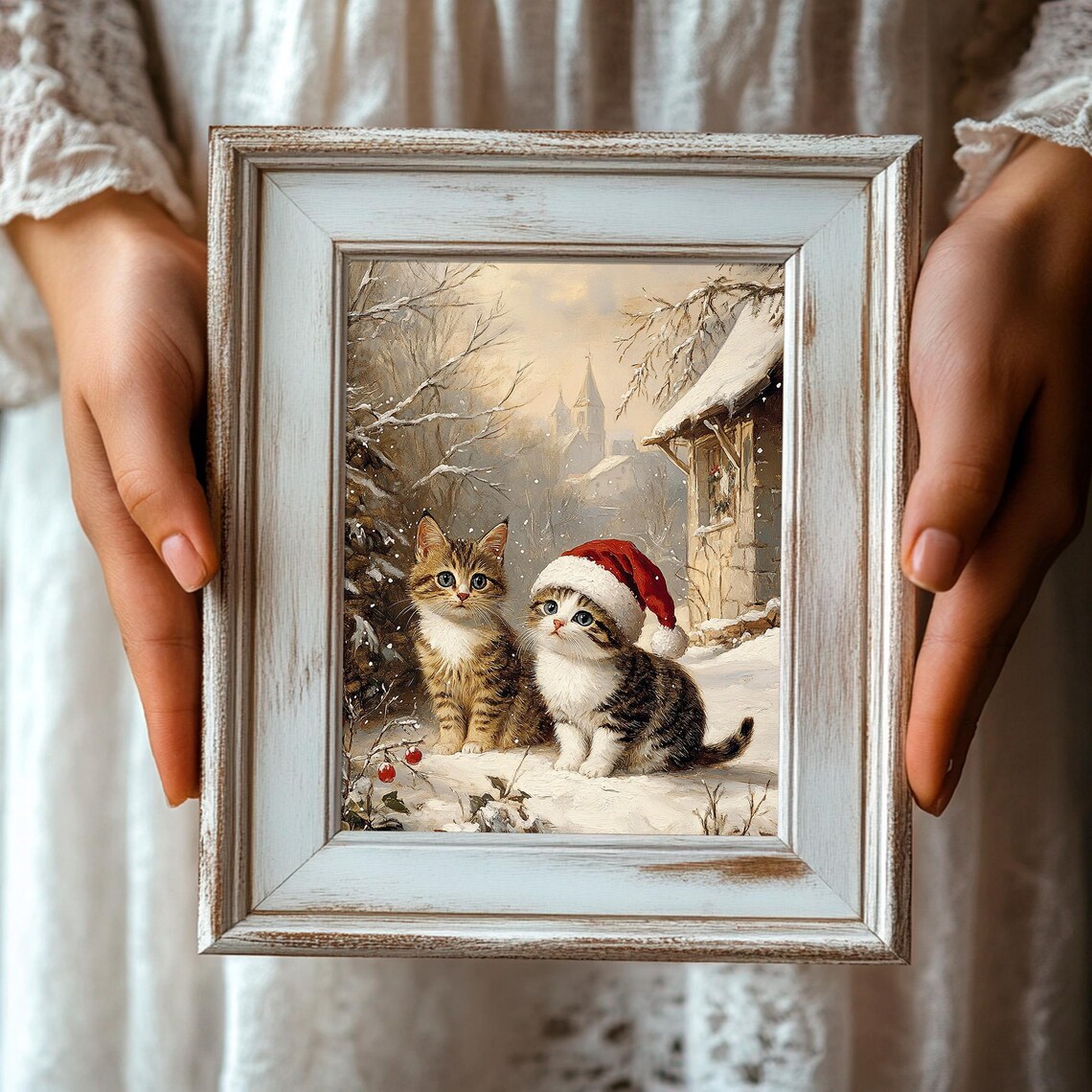 Kittens in Snow Wearing Santa Hat Winter Cottage Christmas Poster - Image 3