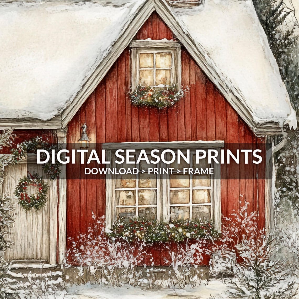 Red Cottage in Snow with a Wreath and Glowing Windows Winter Poster - Image 6
