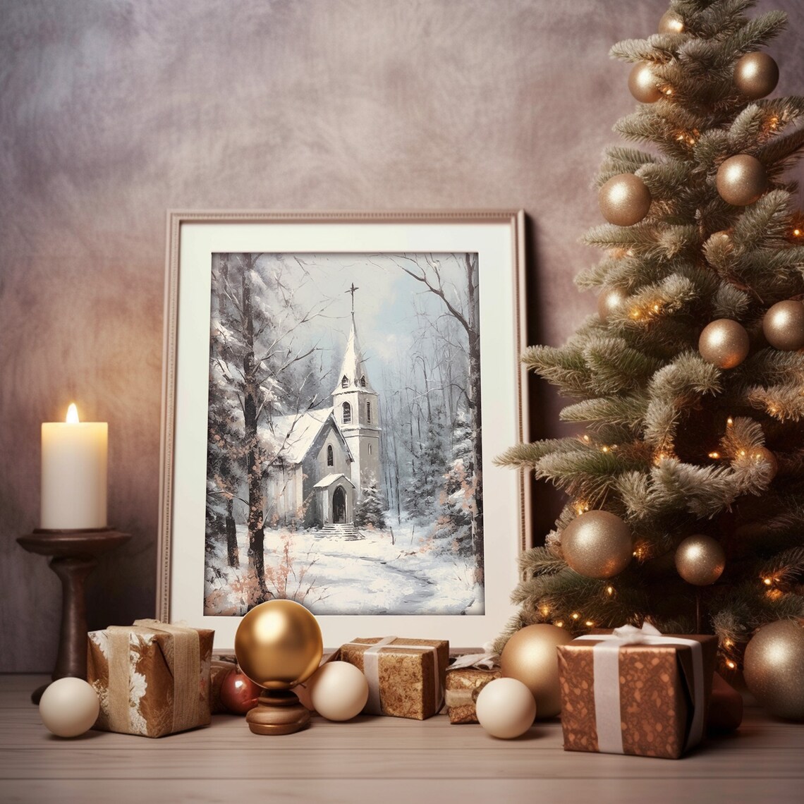 Old Country Church Winter Snowy Landscape Art Print - Image 4