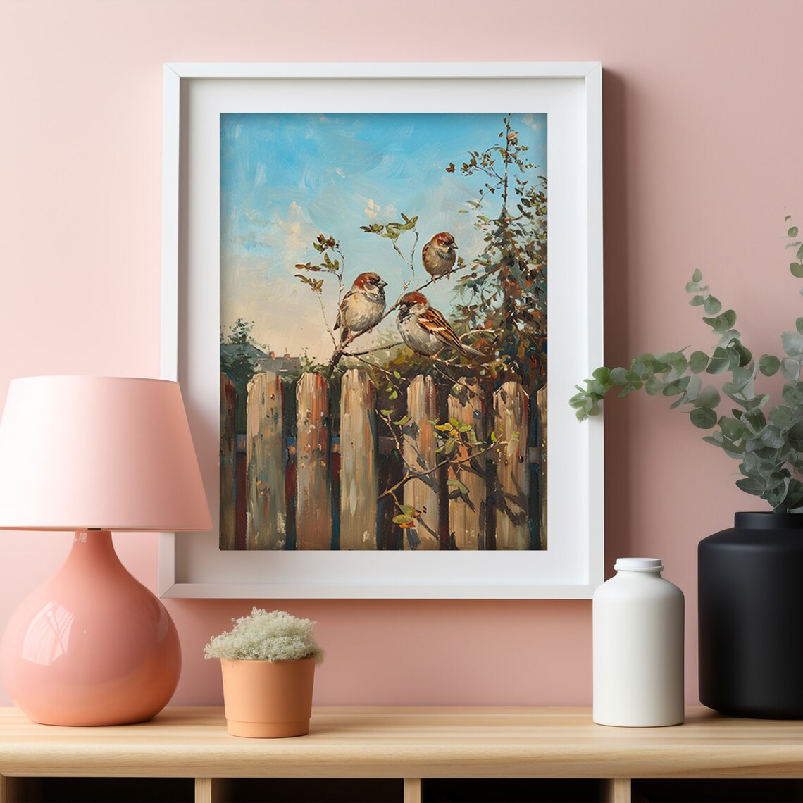 Sparrows Perched Branch Wooden Fence Bright Summer Sky Bird Painting Poster - Image 4