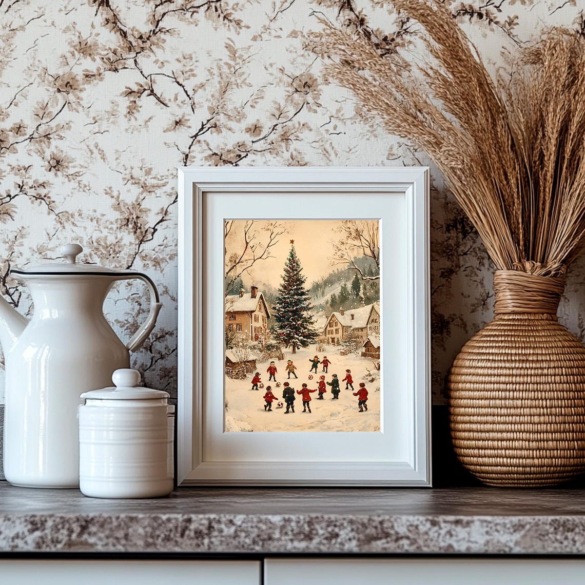 Kids Playing Soccer in Snow Under Big Christmas Tree Vintage Poster - Image 4