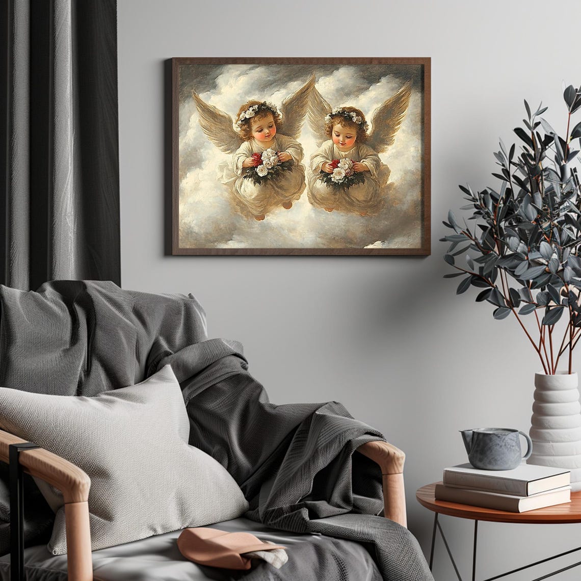 Vintage Cherub Angels in Clouds Holding Flowers Classical Print - Image 4