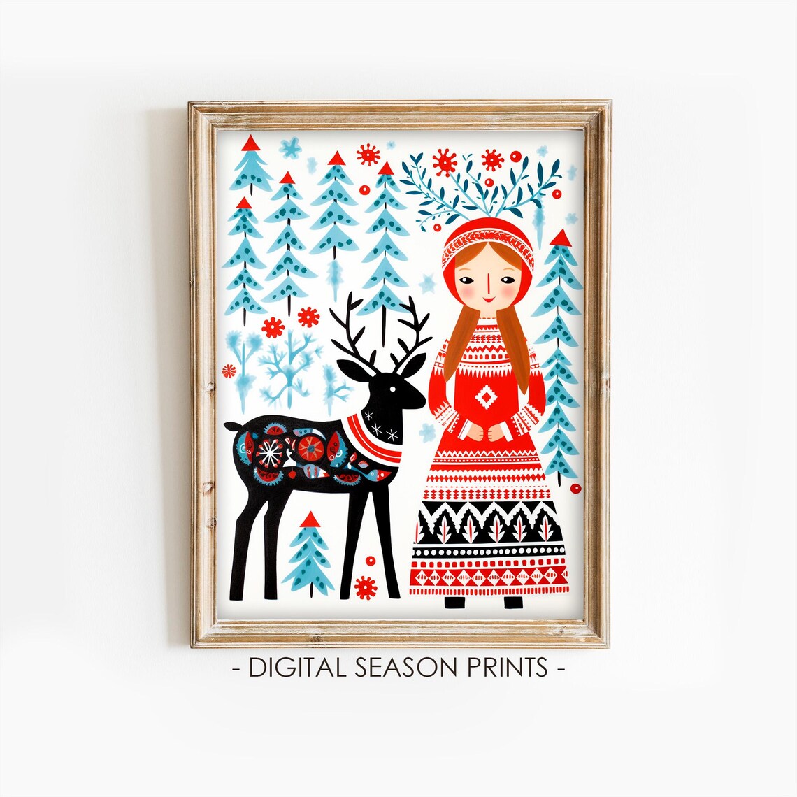 Scandinavian Folk Art Woman With Deer Winter Forest Red Dress Poster