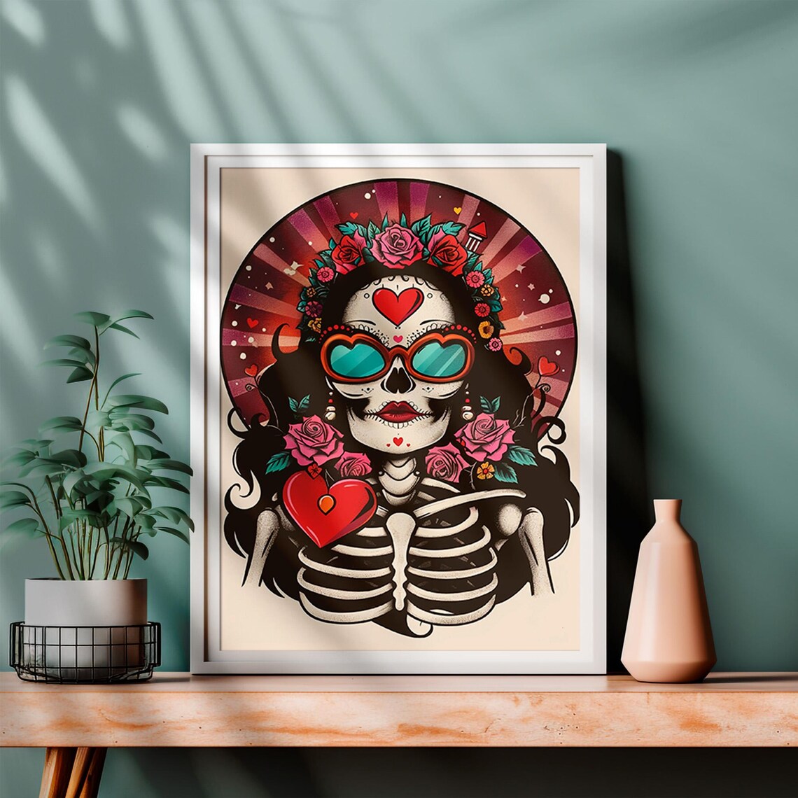 La Calavera Catrina Heart Sunglasses Roses Day of the Dead Skull Poster - Image 4
